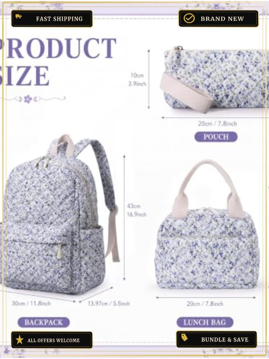 Quilted Floral Backpack Set with Lunch Bag and Pencil Pouch for Women main image 5